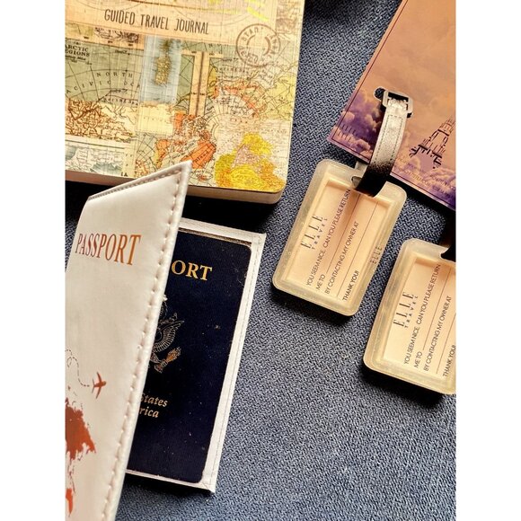 TRAVELER 5 Pc Gift Guided Journal Passport Cover Bag Tags Globe Necklace TRAVEL - Picture 4 of 10
